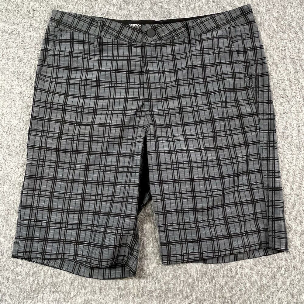 Berkley Jensen Shorts Mens 34 Hybrid Gray Plaid Performance Flat Front -New